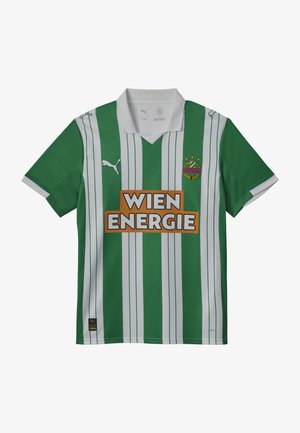 Maglia sportiva a righe verdi e bianche con scollatura a V, caratterizzata da un logo centrale che recita "WIEN ENERGIE" in arancione e il marchio PUMA.