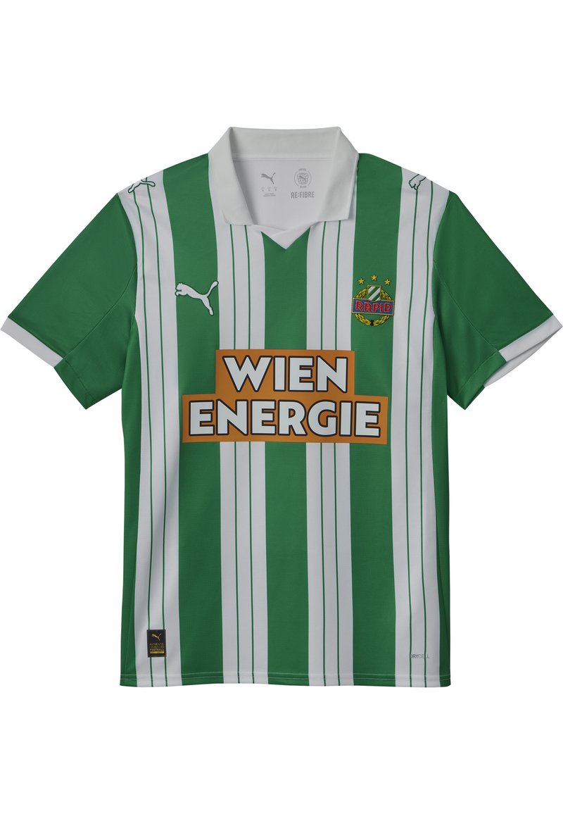 Maglia sportiva a righe verdi e bianche con scollatura a V, caratterizzata da un logo centrale che recita "WIEN ENERGIE" in arancione e il marchio PUMA.