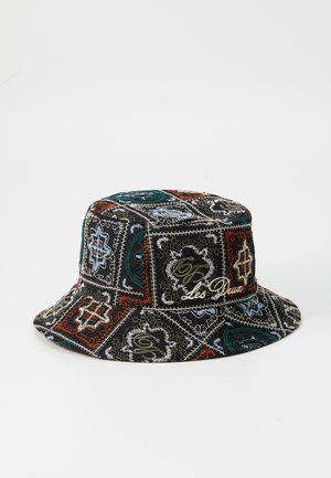 Chapeau seau noir en tissu à motifs colorés vert, orange et bleu ; présente des détails brodés et une broderie "Les Deux".