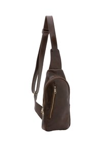 Borsa a tracolla in pelle marrone con finitura texturizzata, dotata di un compartimento principale e di una tasca frontale con zip. Cinghia regolabile per il massimo comfort.