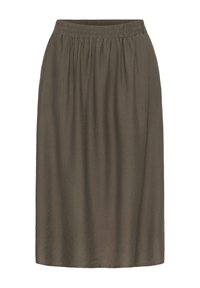 Jupe marron jusqu'aux genoux, fabriquée en tissu léger, avec une taille froncée et une texture lisse. Design simple sans motifs ou accents visibles.