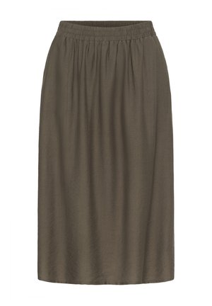 Jupe marron jusqu'aux genoux, fabriquée en tissu léger, avec une taille froncée et une texture lisse. Design simple sans motifs ou accents visibles.