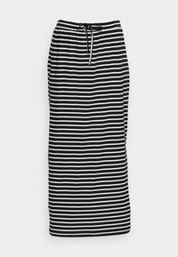 Pruhovaná sukně s horizontálními černobílými pruhy, elastickým pasem a šňůrkovým zapínáním. Vyrobena z měkké látky. Dlouhý, rovný střih.