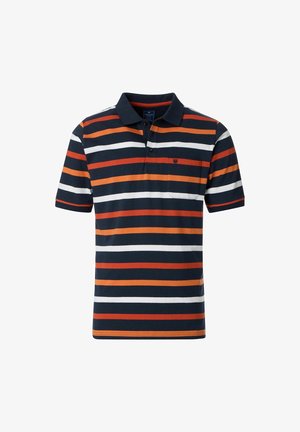 Polo shirt met een marineblauwe basis, voorzien van horizontale strepen in oranje, wit en rood. Inclusief een kraag en een borstzak. Gemaakt van katoen.