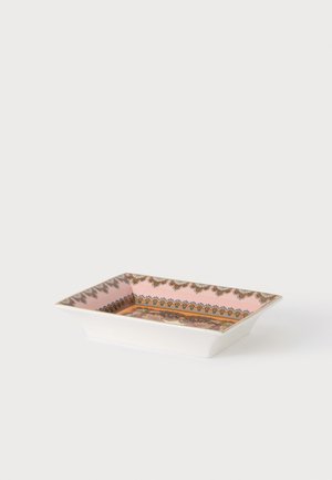 Rectangular ceramic tray with pink interior decorated with intricate gold, black, and green ornamental patterns along the edges and base.