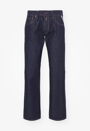 Dark blue denim jeans with a straight leg design. Features include a button closure, five pockets, and contrast stitching.