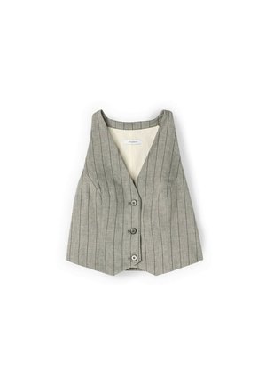 Graue Nadelstreifen ärmellose Weste mit drei vorderen Knöpfen und V-Ausschnitt, flach auf weißem Hintergrund dargestellt.