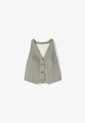 Gilet grigio a righe sottili senza maniche con tre bottoni frontali e collo a V, mostrato disteso su sfondo bianco.