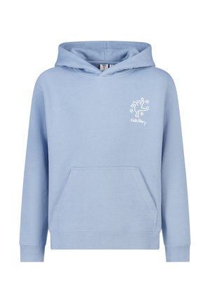 Lichtblauwe capuchonsweatshirt met voorzak en kleine witte danser als afbeelding met handtekening op de linkerborst.
