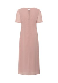 Pink, knee-length dress with short, sheer sleeves. Features a keyhole back and hidden zipper, made from lightweight fabric with smooth texture.