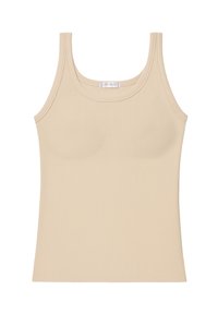 Top beige a coste con scollatura a girocollo e spalline larghe. Presenta una vestibilità slim e una texture in tessuto morbido.