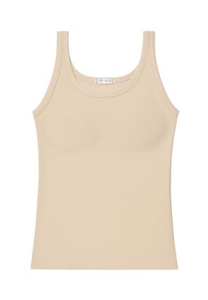 Ribbed beige Tanktop mit rundem Halsausschnitt und breiten Schulterträgern. Verfügt über eine schmale Passform und weichen Stoff.