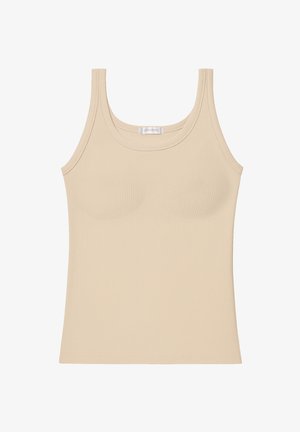 Ribbed beige Tanktop mit rundem Halsausschnitt und breiten Schulterträgern. Verfügt über eine schmale Passform und weichen Stoff.