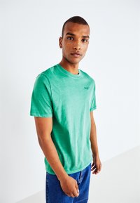 Groene katoenen t-shirt met een ronde hals en korte mouwen; heeft een subtiele logo op de borst; gecombineerd met blauwe spijkerbroek.
