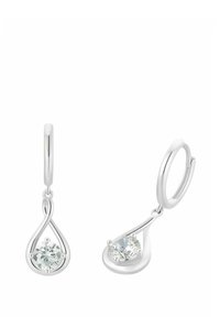 Pendientes de gota de plata con una piedra redonda y clara sujeta por garras. Diseño suave y curvado con un acabado pulido.