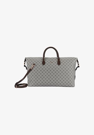 Borsa in tela grigia con un design a motivo, dettagli in pelle marrone, doppio manico superiore e una tracolla removibile. Dispone di una chiusura con zip.