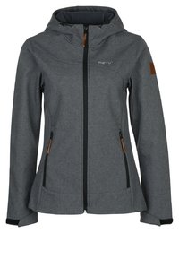 Veste grise avec capuche, dotée d'une fermeture éclair à l'avant, deux poches latérales et un accent en cuir marron. Son tissu présente une finition texturée.