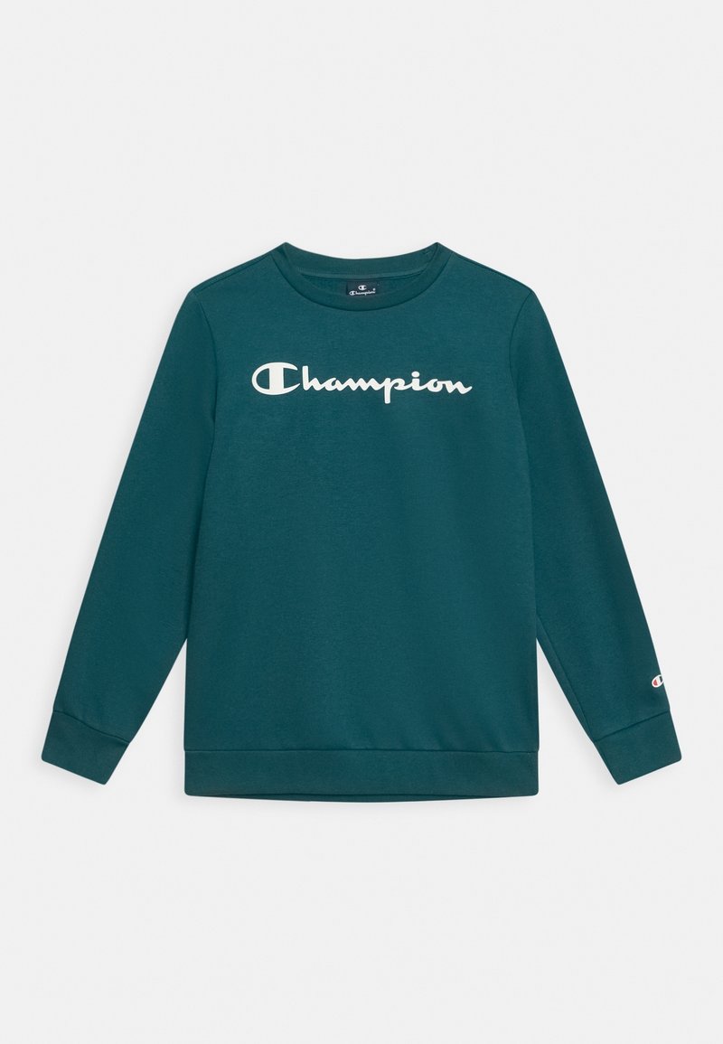 Sweat-shirt manches longues couleur sarcelle avec logo "Champion" blanc sur la poitrine et petit logo sur le poignet gauche.