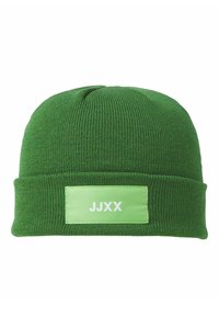 Berretto di maglia verde con risvolto, caratterizzato da una toppa rettangolare verde che mostra "JJXX" in testo bianco. Tessuto strutturato.