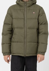 Kurtka puchowa koloru oliwkowo-zielonego z zamkiem z przodu, kapturem i elastycznymi mankietami. Charakterystyczny przeszywany wzór i logo na lewej piersi.