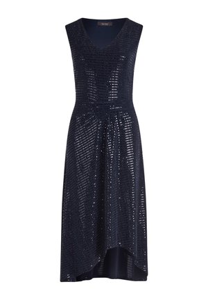Robe sans manches bleu foncé à sequins, col en V et ourlet asymétrique, cintrée à la taille et évasée légèrement vers le bas.