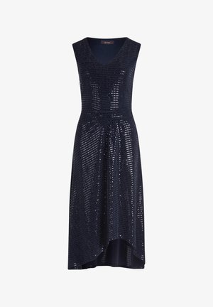 Robe sans manches bleu foncé à sequins, col en V et ourlet asymétrique, cintrée à la taille et évasée légèrement vers le bas.