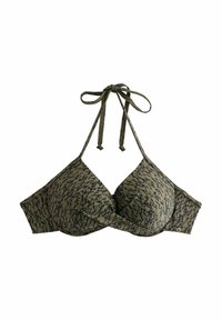 Bikini gornji dio maslinasto zelene boje s dizajnom koji se omotava, prilagodljivim vezicama i suptilnim uzorkom sličnim životinjskom u tamnijim nijansama.