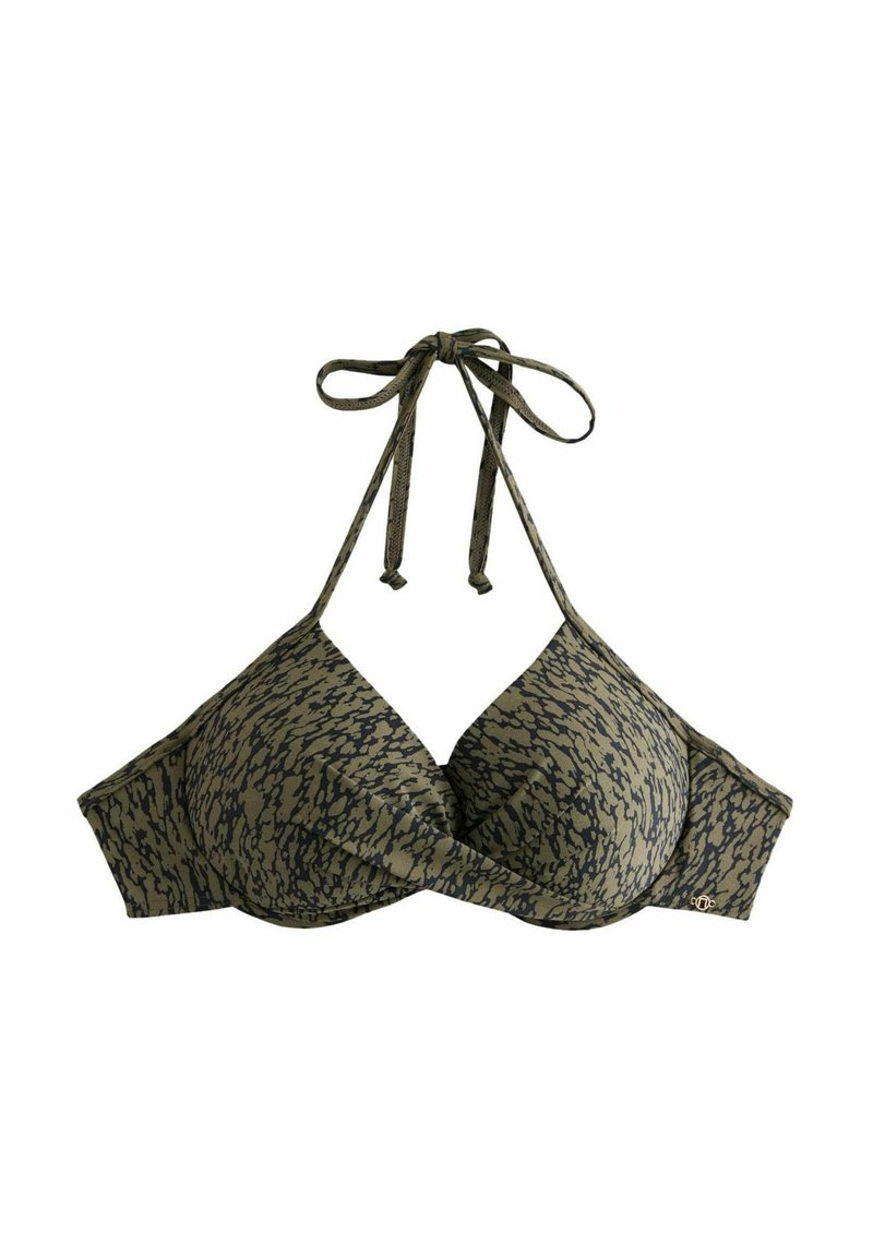Olivengrøn bikini top med et indviklet design, justerbare bindebånd og et subtilt dyrelignende mønster i mørkere nuancer.