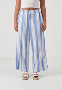 Ljusblå och vita randiga vida byxor i ett mjukt, l ätt material med elastisk midja och snörning.