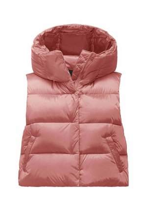 Roze puffer vest met een hoge kraag, featuring een gewatteerd ontwerp, horizontale stiksels en twee zijzakken. Het materiaal lijkt glanzend en glad te zijn.