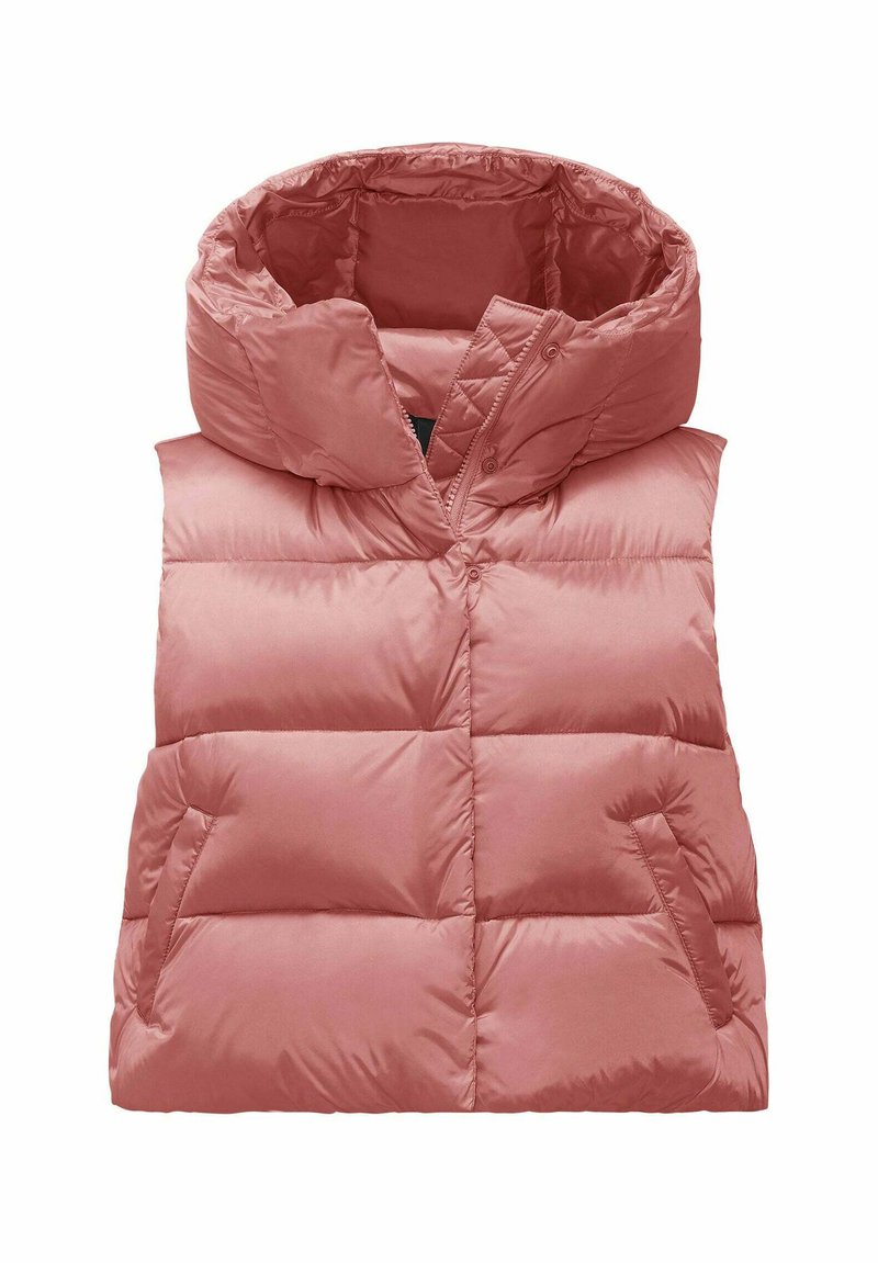 Gilet puffo rosa con colletto alto, caratterizzato da un design trapuntato, cuciture orizzontali e due tasche laterali. Il materiale sembra lucido e liscio.