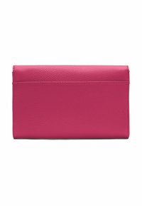 Portafoglio in pelle rosa con finitura testurizzata, forma rettangolare, chiusura magnetica e tasca posteriore. Design semplice e funzionale.