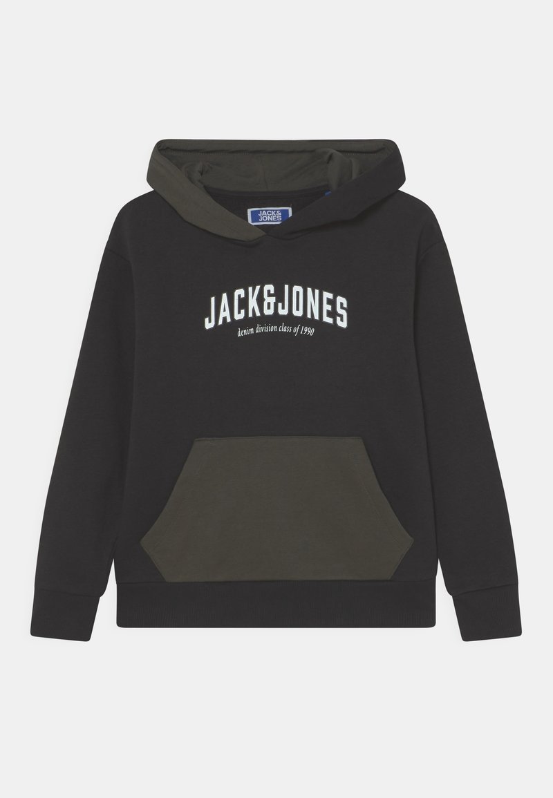 Sweat à capuche noir avec poche avant et texte blanc "JACK & JONES denim division class of 1990" sur la poitrine.