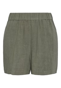 Zelené měkké látkové šortky s elastickým pasem, skladovými detaily a rovný střih. Texturovaný, lehký materiál vhodný pro teplé počasí.