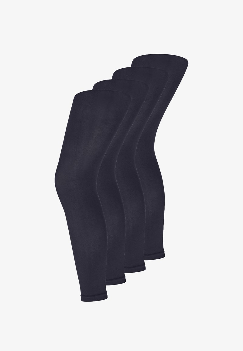 Vier Paare dunkelnavyfarbene Beinstulpen, hergestellt aus einem glatten, dehnbaren Stoff, mit einem nahtlosen Design und knöchellangem Schnitt.