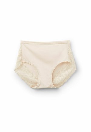 Beżowe bawełniane majtki z wysokim stanem, ozdobione koronką po bokach, z falbaniastymi krawędziami i gładką strukturą na całej powierzchni.