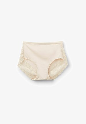 Beżowe bawełniane majtki z wysokim stanem, ozdobione koronką po bokach, z falbaniastymi krawędziami i gładką strukturą na całej powierzchni.