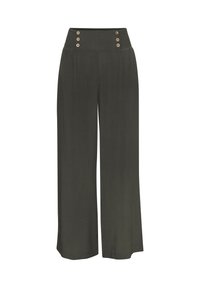 Wide-leg pants in dark green fabric, featuring a smocked waistband with three decorative buttons at the front and a smooth texture.