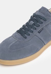 Zapatillas de ante azul con punta redonda, parte superior texturizada, costuras en contraste y cordones planos. Cuenta con una suela de goma con una ligera textura antideslizante.
