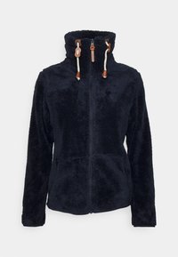 Veste en polaire marine avec col haut, fermeture éclair à l'avant et cordons de serrage à bascule. Dispose de deux poches latérales et d'un tissu doux et texturé.