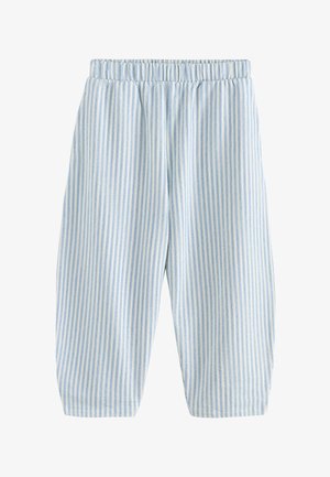 Losse broek met verticale lichtblauwe en witte strepen, met elastische tailleband en brede pijpen.