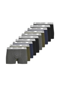 Zehn Paar Herren-Boxershorts mit einem weißen elastischen Bund, der das "JACK & JONES"-Logo trägt. Die Farben umfassen Grau, Schwarz, Marineblau und Olivgrün.