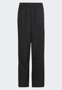 Czarne, lekkie spodnie z elastycznym paskiem w talii, o prostym kroju nogawek. Gładka faktura, z bocznymi szwami i elastycznymi mankietami przy kostkach.