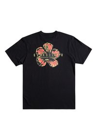 Musta puuvillainen T-paita, jossa on suuri, värikäs kukkakuosi punaisilla ja keltaisilla yksityiskohdilla, sekä "Quiksilver" logo suunnittelun alapuolella.