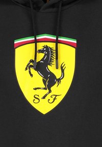 Czarna bluza z kapturem z żółtym logo tarczy, na którym znajduje się czarny skaczący koń oraz inicjały "SF", zdobiona zielono-czerwonym paskiem u góry.