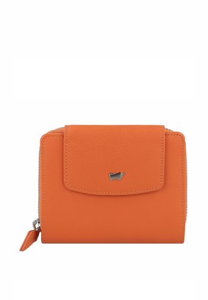 Portafoglio in pelle arancione con superficie texturizzata, dotato di pattina anteriore e accessori in metallo argentato, con zip su tre lati.