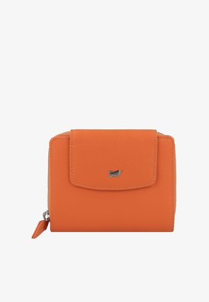 Portafoglio in pelle arancione con superficie texturizzata, dotato di pattina anteriore e accessori in metallo argentato, con zip su tre lati.