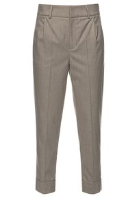 Jasnoszare dopasowane spodnie z teksturowanym wzorem, wyposażone w zakładki, boczne kieszenie oraz podwinięte nogawki o skróconej długości.