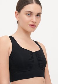 Reggiseno sportivo nero con design a scollo a v, cucitura centrale texturizzata e spalline larghe. Realizzato in tessuto elasticizzato, offre una vestibilità aderente.
