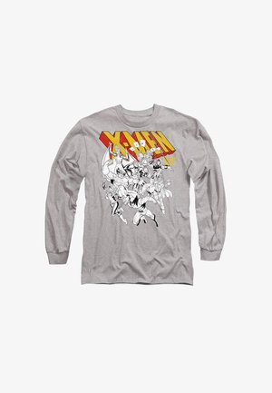 Helles graues Langarm-T-Shirt mit einem schwarz-weißen Comic-Design und buntem "X-MEN"-Text in Gelb- und Rottönen.